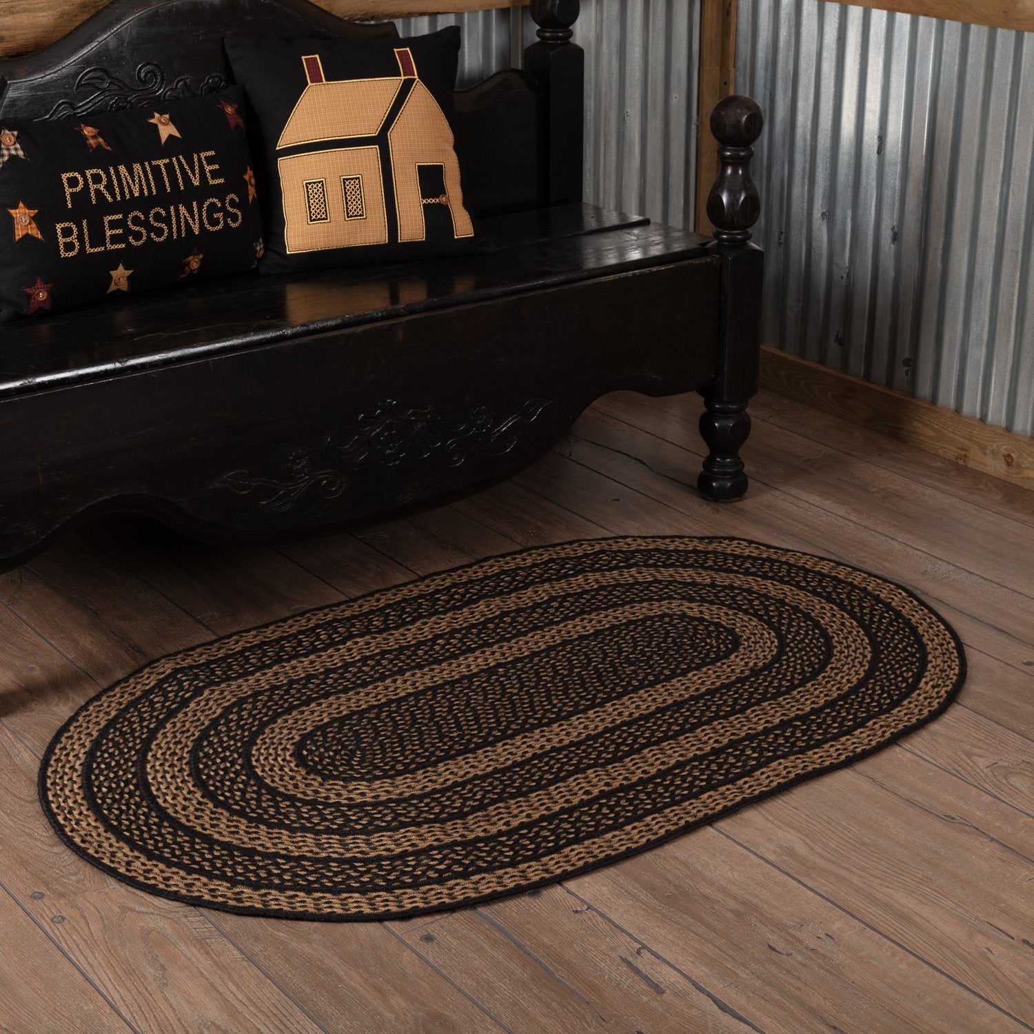 Black and Tan Braided Rug with Stars Primitive Country Oval