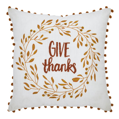 Give Thanks Wreath Pom Pillow 18x18" - Primitive Star Quilt Shop