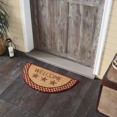 Burgundy Check Stars "Welcome" Coir Half Circle Rug 16.5x33" - Primitive Star Quilt Shop