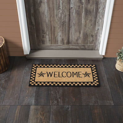 Black Check Stars "Welcome" Coir Rectangle Rug 17x36" - Primitive Star Quilt Shop
