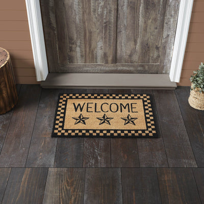 Black Check Stars "Welcome" Coir Rectangle Rug 20x30" - Primitive Star Quilt Shop