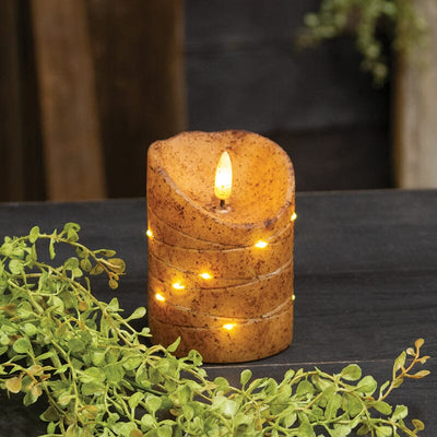 Burnt Ivory LED Wrapped Flicker Flame Timer Pillar Candle - 4" - Primitive Star Quilt Shop