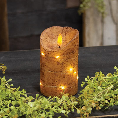 Burnt Ivory LED Wrapped Flicker Flame Timer Pillar Candle - 5" - Primitive Star Quilt Shop