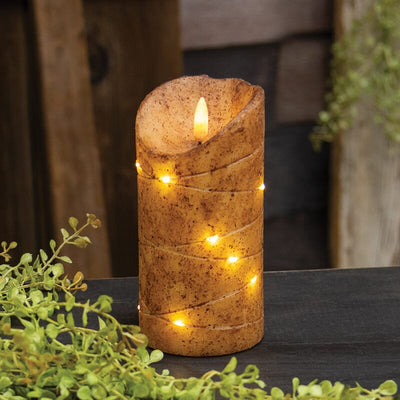 Burnt Ivory LED Wrapped Flicker Flame Timer Pillar Candle - 6" - Primitive Star Quilt Shop