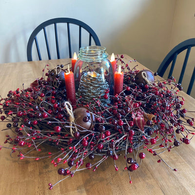 Country Berry Rusty Bell Centerpiece with Candles Red- Primitive Star Quilt Shop