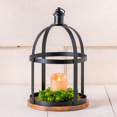 Round Wrought Iron Lantern with Wood Base - Primitive Star Quilt Shop