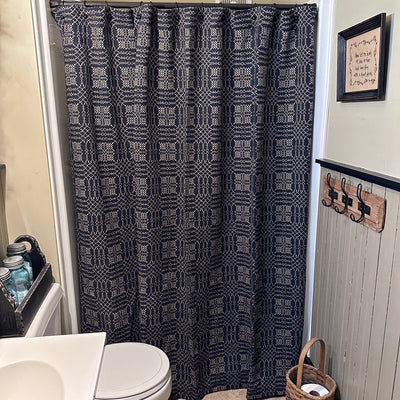 Nantucket Navy and Tan Woven Shower Curtain - Primitive Star Quilt Shop