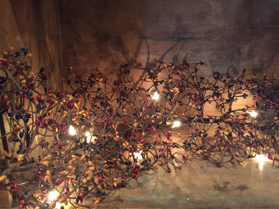 PIP Berry Garland with Lights - 5.5 Feet Long, 100 LED, Brown Twig Branches with White Berries, Autumn Wedding Reception Decor, Battery Powered, Timer